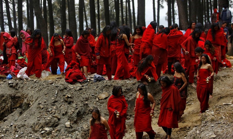 Devotees are seen during the Madhav Narayan Festival in Bhaktapur, Nepal, Feb. 14, 2022.Photo:Xinhua