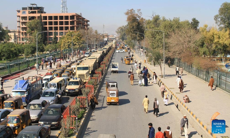 Vehicles are seen during a traffic jam in Jalalabad, capital of Nangarhar province, Afghanistan, on Feb. 15, 2022.Photo:Xinhua