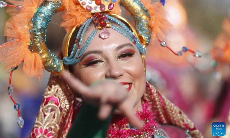 A dancer performs during the 2022 edition of Lemon Festival in Menton, France, Feb. 13, 2022.Photo:Xinhua