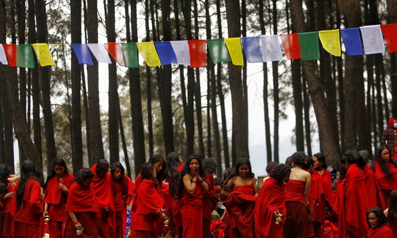 Devotees are seen during the Madhav Narayan Festival in Bhaktapur, Nepal, Feb. 14, 2022.Photo:Xinhua