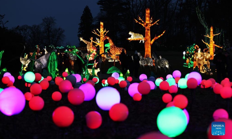 Illuminated sculptures are on display during a light festival at Thoiry zoo near Paris, France, Feb. 13, 2022. The festival runs till March 6, 2022.Photo:Xinhua