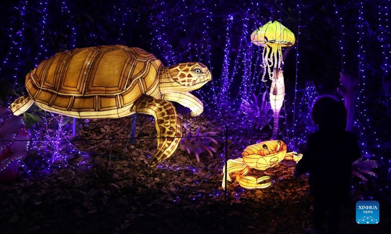 Illuminated sculptures are on display during a light festival at Thoiry zoo near Paris, France, Feb. 13, 2022. The festival runs till March 6, 2022.Photo:Xinhua