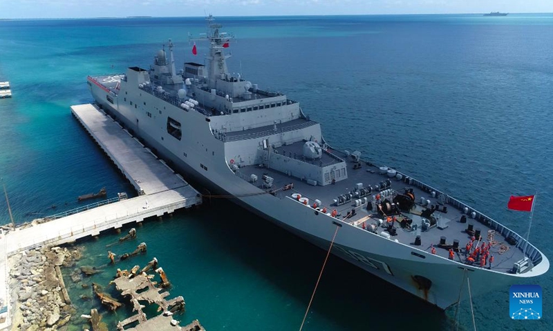 Aerial photo shows a flotilla of the People's Liberation Army (PLA) Navy carring relief supplies arriving in Nuku' alofa, Tonga, Feb. 15, 2022.Photo:Xinhua