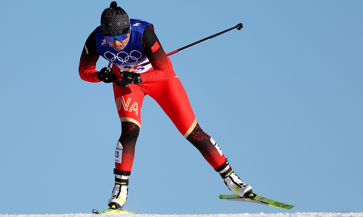 Dinigeer Yilamujiang of Team China competes during the women's cross-country sprint free qualification at Beijing 2022 on February 8, 2022 in Zhangjiakou, Hebei Province. Photo: VCG