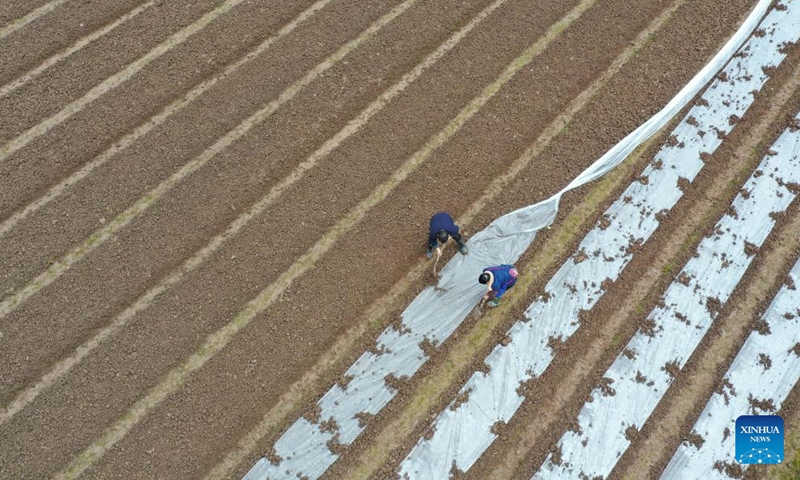 Aerial photo taken on Feb. 19, 2022 shows farmers working in the field in Yuqing County of Zunyi City, southwest China's Guizhou Province.Photo:Xinhua