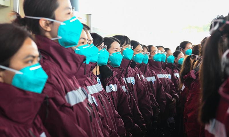 The second anti-pandemic work group from the Chinese mainland to support the COVID-19 control efforts of the Hong Kong Special Administrative Region (HKSAR) arrives at south China's Hong Kong, Feb. 19, 2022.Photo：Xinhua