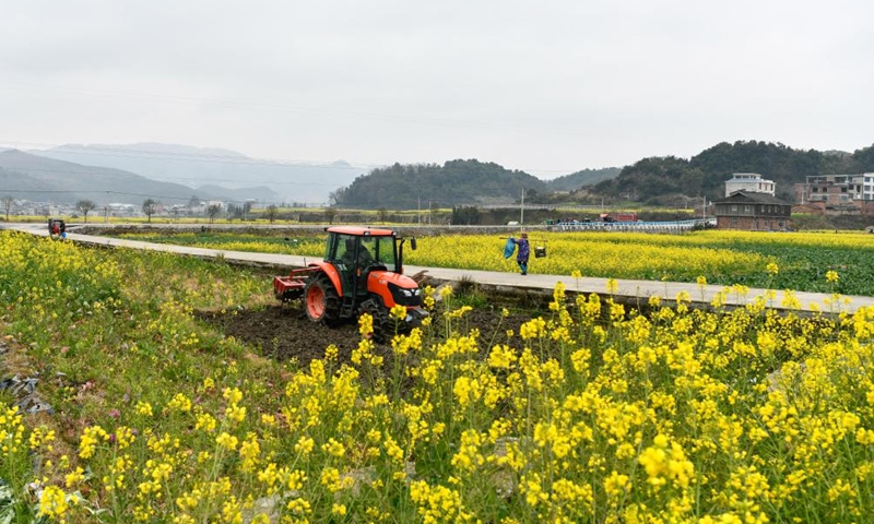 Farmers work in the field in Shangpilin Village of Congjiang County, southwest China's Guizhou Province, Feb. 19, 2022.Photo:Xinhua