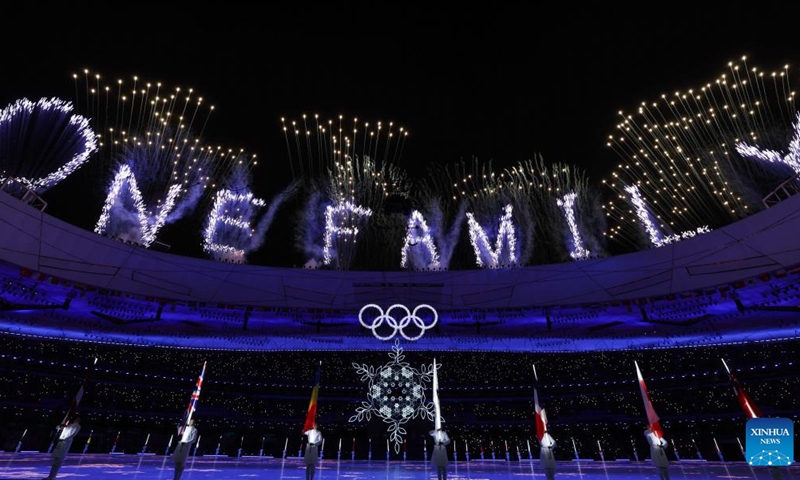 Fireworks illuminate the night sky during the closing ceremony of the Beijing 2022 Olympic Winter Games at the National Stadium in Beijing, capital of China, Feb. 20, 2022. Photo: Xinhua
