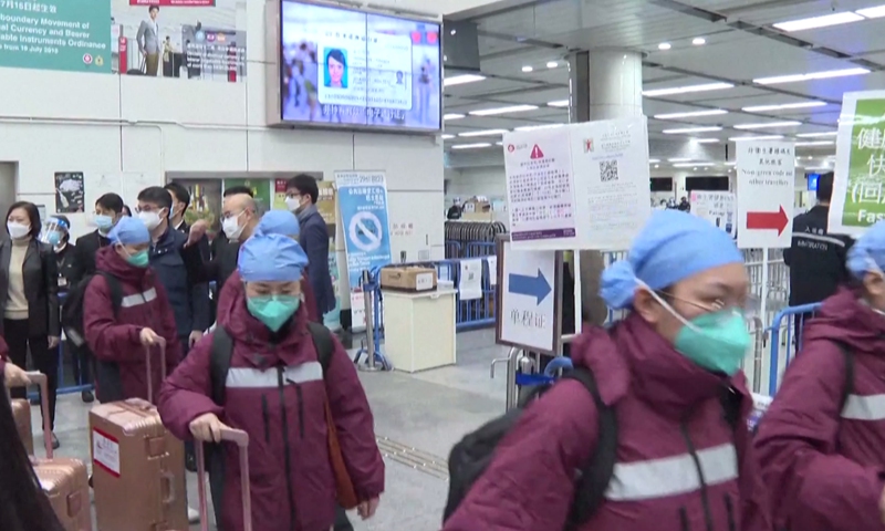 The second batch of medical aid team with 114 members from the Chinese mainland arrives in Hong Kong on February 19, 2022. Photo: VCG