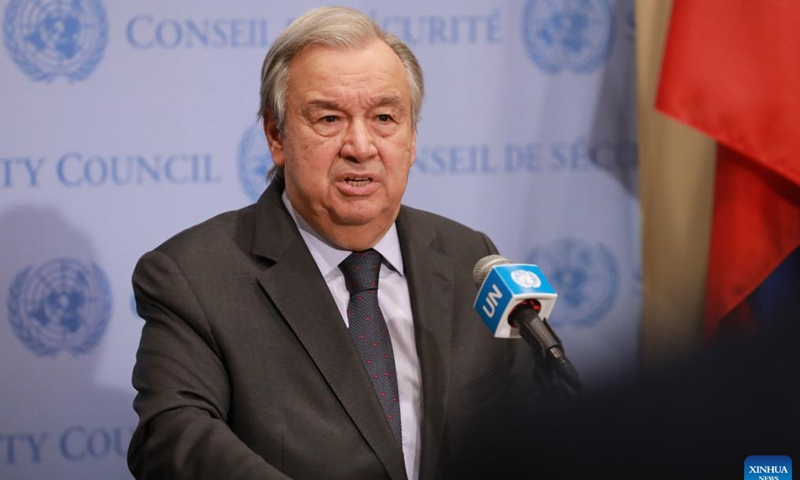 United Nations Secretary-General Antonio Guterres speaks to the press at the UN headquarters in New York, Feb. 22, 2022. The UN chief vowed on Tuesday that the world body will never give up on finding a peaceful solution to the Ukraine crisis. (Xinhua/Xie E)