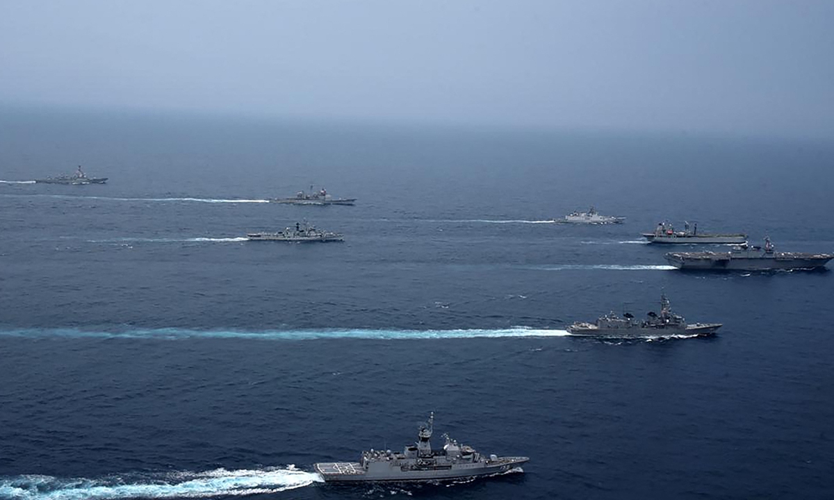 This handout photo released by the Indian Navy on October 12, 2020 shows ships during the second phase of the Malabar naval exercise in which India, Australia, Japan and the US are taking part in the Bay of Bengal in the Indian Ocean. Photo: VCG