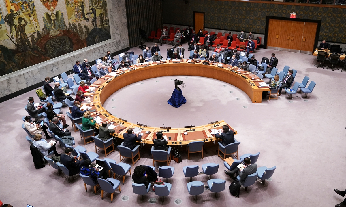 United Nations Security Council meets after Russia recognized two breakaway regions in eastern Ukraine as independent entities, in New York City on Monday. Photo: IC