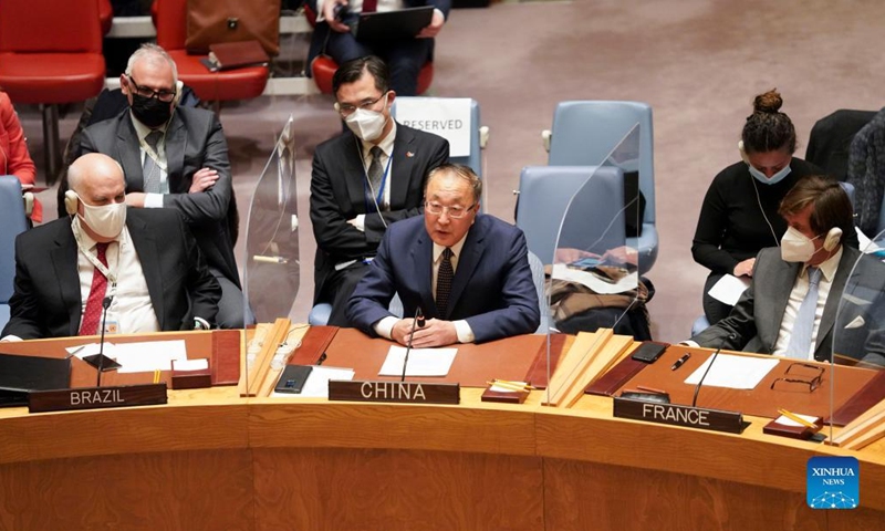 Zhang Jun (C, front), China's permanent representative to the United Nations, speaks during the Security Council emergency meeting on Ukraine at the UN headquarters in New York, Feb. 21, 2022. (Xinhua/Wang Ying)