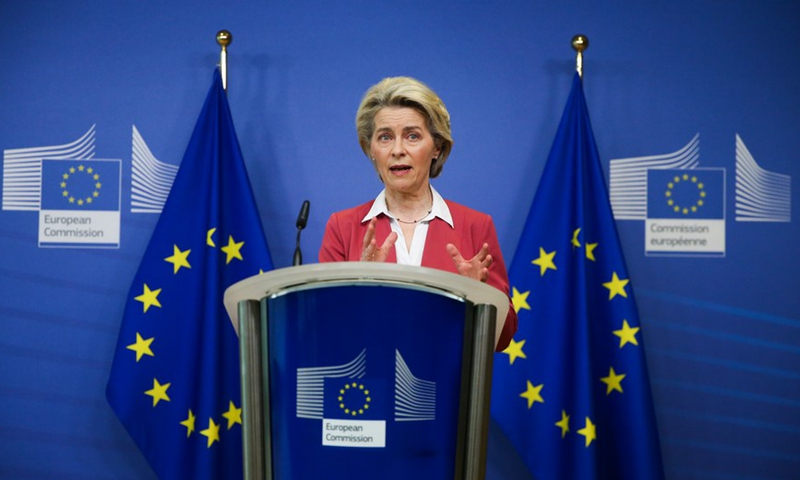 European Commission President Ursula von der Leyen speaks about the Commission's European Chips Act at the European Union (EU) headquarters in Brussels, Belgium, Feb. 8, 2022. (Xinhua/Zheng Huansong)