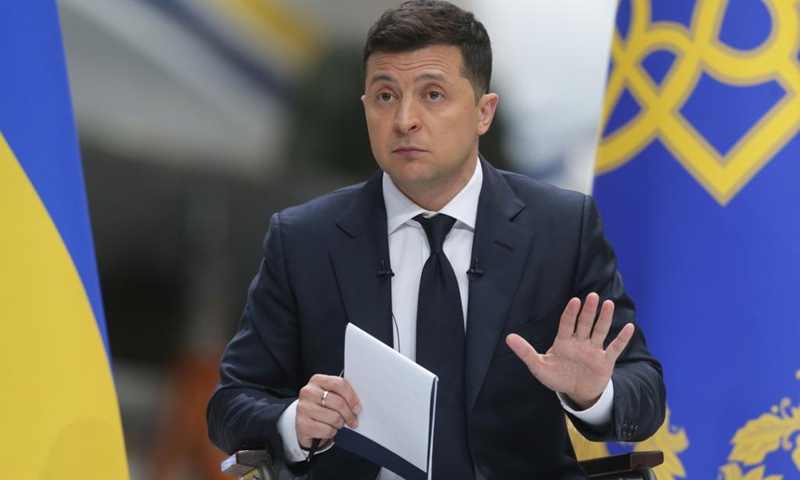 Ukrainian President Volodymyr Zelensky attends a press conference devoted to his two years in office in Kiev, Ukraine, May 20, 2021. Zelensky believes a meeting with Russian President Vladimir Putin would help to put an end to the seven-year-conflict in Donbass, the Ukrainian president's press service reported on Thursday.(Photo: Xinhua)