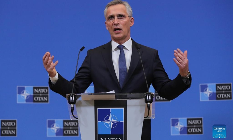 NATO Secretary General Jens Stoltenberg speaks to the media following an extraordinary meeting of the NATO-Ukraine Commission at NATO headquarters in Brussels, Belgium, on Feb. 22, 2022. The chief of the North Atlantic Treaty Organization (NATO) has urged Russia to choose the path of diplomacy in the conflict with Ukraine.(Photo: Xinhua)
