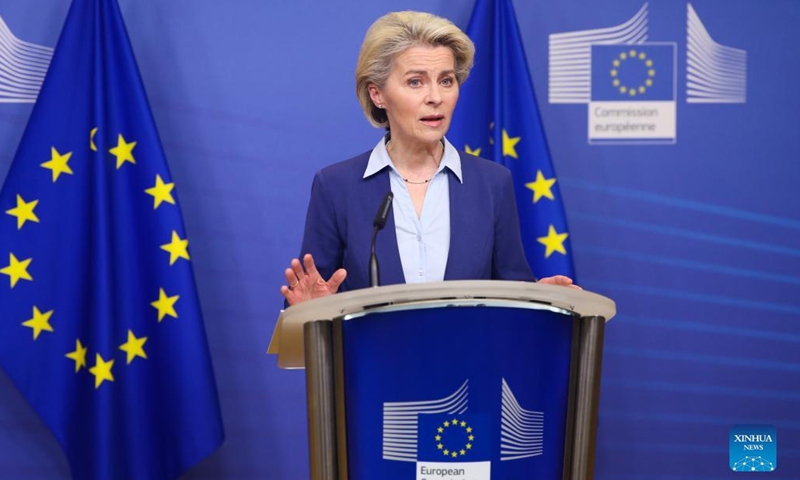 European Commission President Ursula von der Leyen makes a statement on the Ukraine issue in Brussels, Belgium, on Feb. 22, 2022. The European Union (EU) is ready to take further action against Russia if it continues to escalate the crisis, von der Leyen warned here on Tuesday.(Photo: Xinhua)