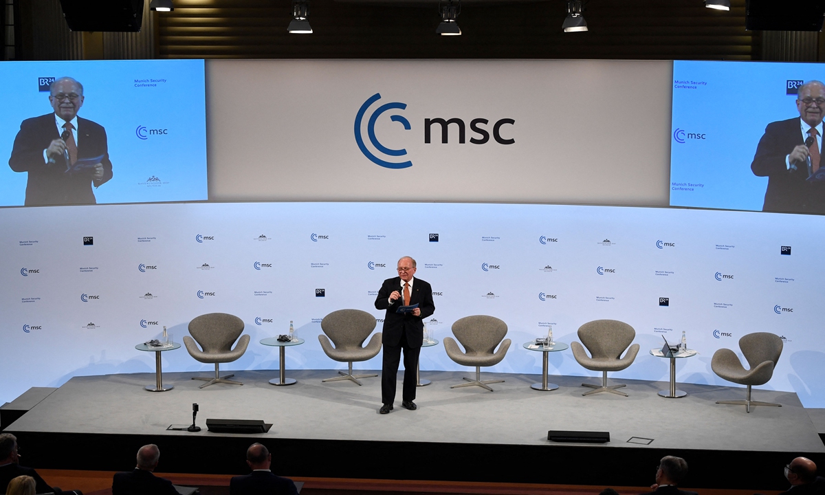 Outgoing Munich Security Conference Chairman Wolfgang Ischinger speaks at the end of the Munich Security Conference (MSC) in Munich, southern Germany, on February 20, 2022. During the 58th Munich Security Conference running from February 18-20, 2022, international diplomats and experts met to discuss topics such as global order, human and transnational security, defense or sustainability.
Thomas KIENZLE / AFP