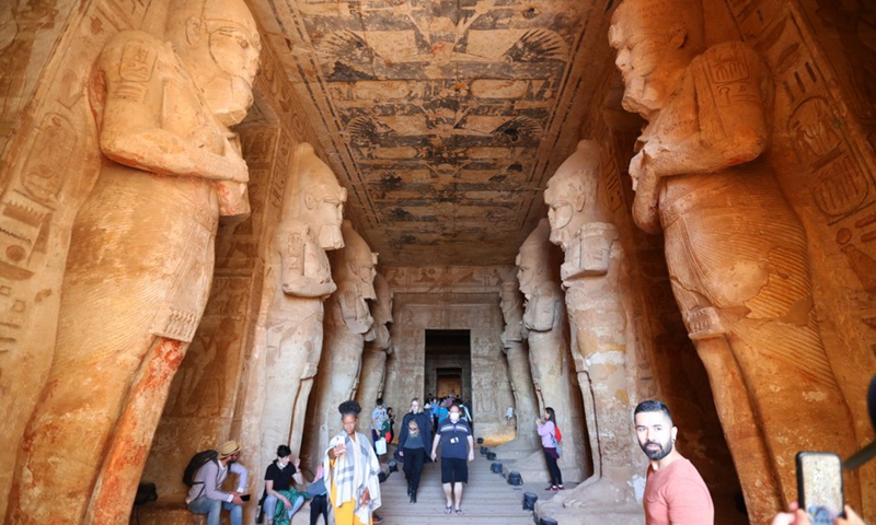 Tourists visited the ancient rock-cut Abu Simbel temple in southern Egypt's Aswan on Feb. 22, 2022.(Photo: Xinhua)