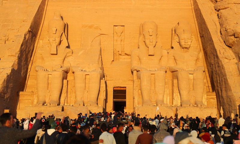 Tourists visited the ancient rock-cut Abu Simbel temple in southern Egypt's Aswan on Feb. 22, 2022.(Photo: Xinhua)