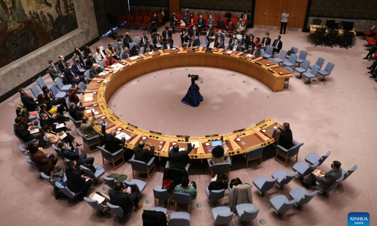 The United Nations Security Council votes on a draft resolution requesting a UN General Assembly emergency session on Ukraine at the UN headquarters in New York, on Feb. 27, 2022. The UN Security Council (UNSC) on Sunday adopted Resolution 2623 that calls for an 