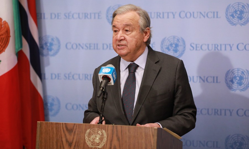 United Nations Secretary-General Antonio Guterres speaks to the press at the UN headquarters in New York, Feb. 22, 2022.(Photo: Xinhua)