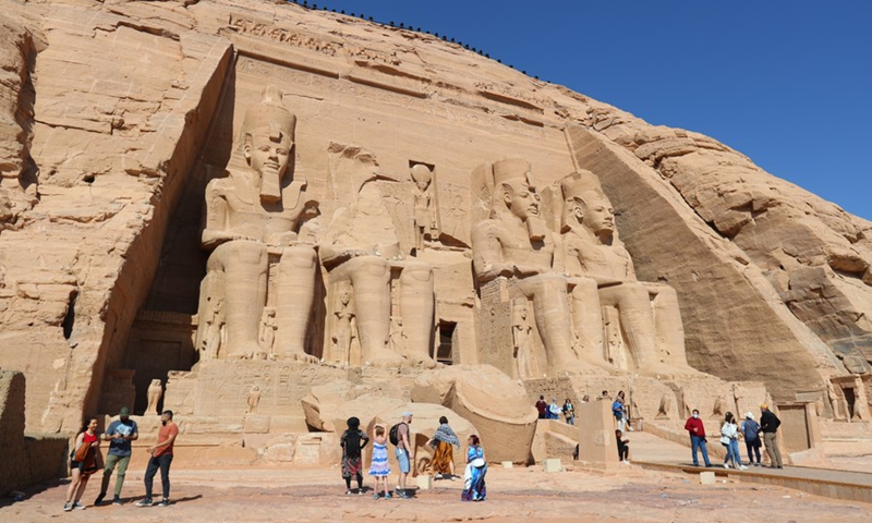 Tourists visited the ancient rock-cut Abu Simbel temple in southern Egypt's Aswan on Feb. 22, 2022.(Photo: Xinhua)