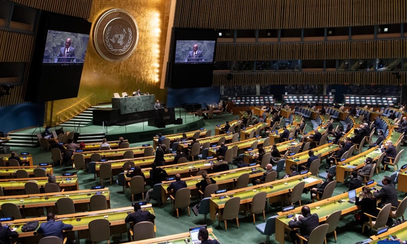 Abdulla Shahid, president of the 76th session of the UN General Assembly, speaks at an informal meeting of the General Assembly on his priorities for the remaining eight months of his office at the UN headquarters in New York, on Jan 19, 2022.File photo:Xinhua