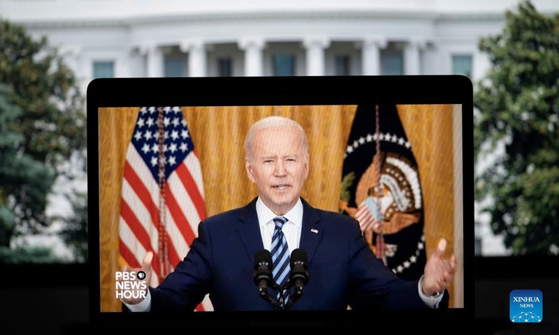 Photo taken in Arlington, Virginia, the United States, on Feb. 24, 2022 shows a screen displaying U.S. President Joe Biden delivering remarks on Russia and Ukraine in a live stream provided by PBS News. Biden announced on Thursday additional sanctions against Russia and the deployment of more troops to Europe as conflicts in Ukraine continue to evolve. (Photo: Xinhua)