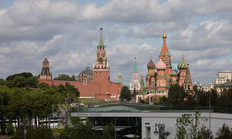 Photo taken on June 3, 2019 shows the Kremlin Palace (L) and the Saint Basil's Cathedral in Moscow, capital of Russia.Photo:Xinhua