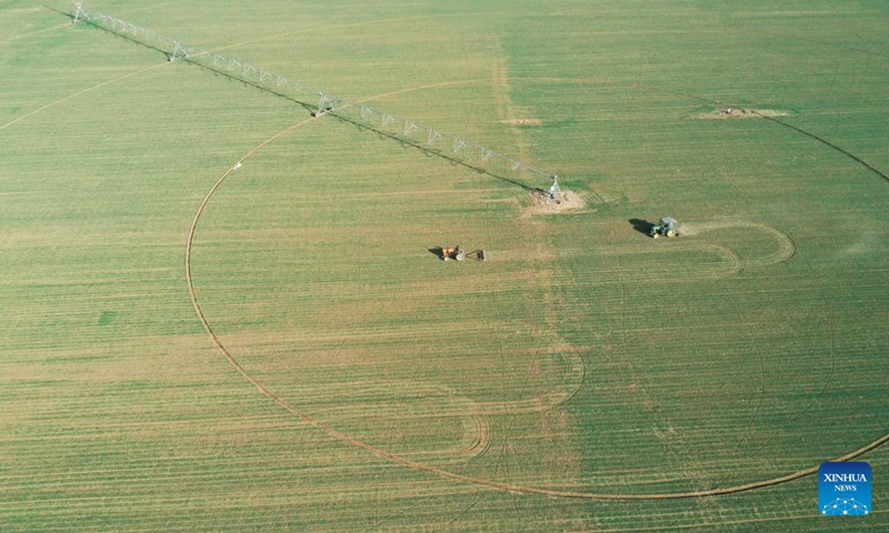 Aerial photo taken on Feb. 21, 2022 shows farmers working in a field in Zouping City, east China's Shandong Province. Farming activities are in full swing across the country.Photo:Xinhua