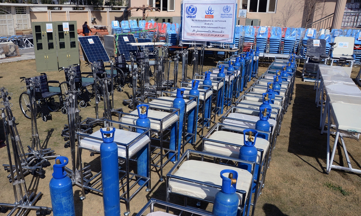 Medical equipment is displayed during an exhibition by Baran Foundation in Kandahar, Afghanistan on February 27, 2022, prior to being distributed to various health facilities across Kandahar. Photo: AFP