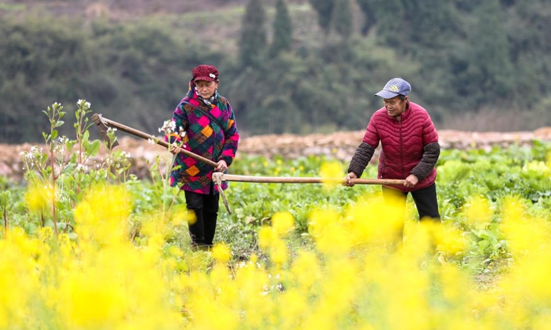 Villagers work in a field in Xindian Town of Yuping Dong Autonomous County in Tongren City, southwest China's Guizhou Province, Feb. 21, 2022.Photo:Xinhua