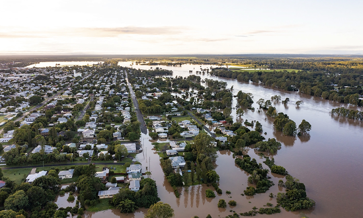 An aerial view of the flooded city of Maryborough, Australia along the over-flowing Mary river on February 28, 2022 Photo: AFP