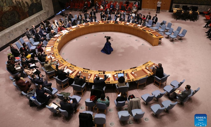 The United Nations Security Council votes on a draft resolution requesting a UN General Assembly emergency session on Ukraine at the UN headquarters in New York, on Feb. 27, 2022. The UN Security Council (UNSC) on Sunday adopted Resolution 2623 that calls for an emergency special session of the UN General Assembly to consider and recommend collective action on the Ukraine crisis. (Xinhua/Xie E)