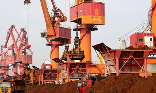 Cranes unload imported iron ore at the Lianyungang Port in East China's Jiangsu Province. Photo: VCG