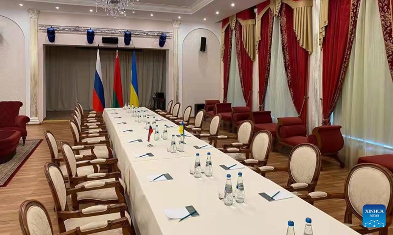 Photo provided by Belarusian Foreign Ministry shows the prepared room for the talks between Russia and Ukraine.