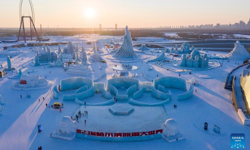 Aerial photo shows tourists visiting the Harbin Ice-Snow World in Harbin, northeast China's Heilongjiang Province, Feb. 27, 2022. The 23rd Harbin Ice-Snow World closed on Sunday. (Xinhua/Xie Jianfei)