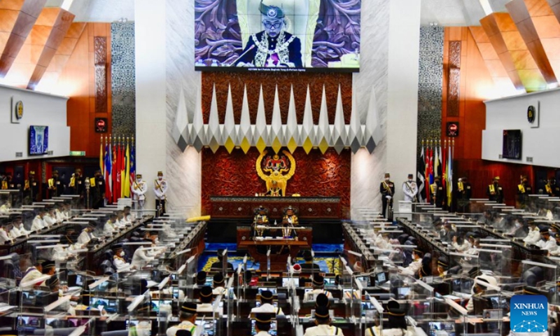 Malaysia's King Sultan Abdullah Sultan Ahmad Shah (C) delivers a speech to members of the parliament during the opening of the parliament session in Kuala Lumpur, Malaysia, Feb. 28, 2022. Malaysia's first parliament session of the year convened on Monday as the country seeks to recover from the effects of COVID-19 while coping with an Omicron fueled pandemic surge.(Photo: Xinhua)