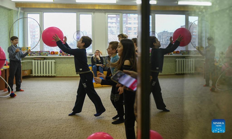 Children from Donbass play at an accommodation site in a university dormitory in Rostov-on-Don, Russia, on Feb. 28, 2022. (Xinhua/Evgeny Sinitsyn)