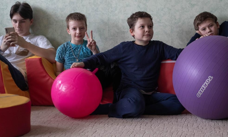 Children from Donbass play at an accommodation site in a university dormitory in Rostov-on-Don, Russia, on Feb. 28, 2022. (Xinhua/Bai Xueqi)