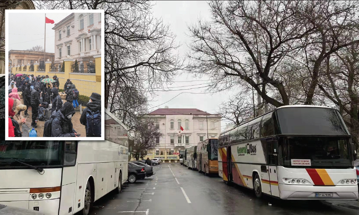 Buses wait in front of the Chinese Consulate-General in Odessa, Ukraine on March 1 to evacuate Chinese nationals. Inset: Chinese nationals wait outside the Chinese Consulate-General in Odessa to be evacuated. Photos: Courtesy of Chinese Consulate-General in Odessa