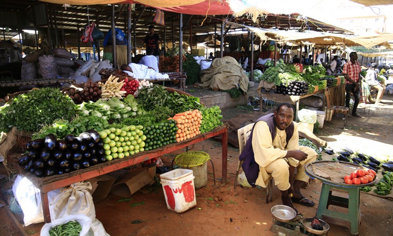Vendors sell vegetables and fruits at a market in Khartoum, Sudan, Jan. 8, 2022.(Photo: Xinhua)