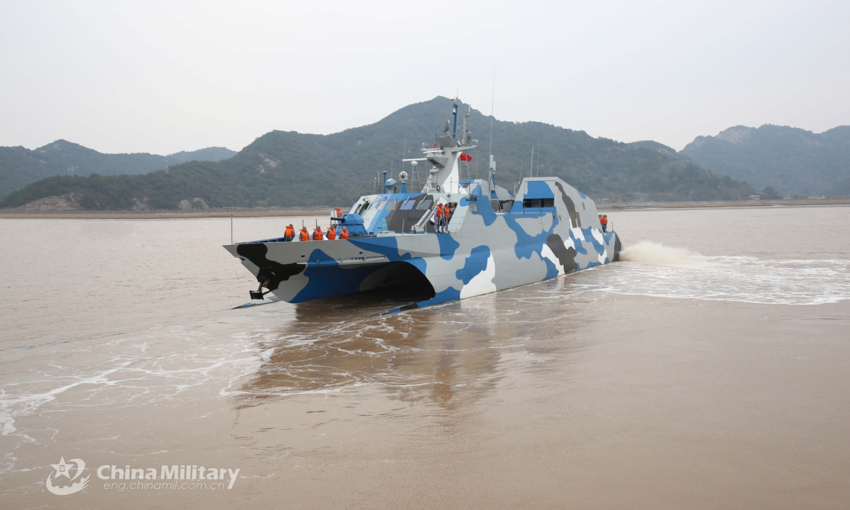 A fast attack missile boat attached to a group with the navy under the PLA Eastern Theater Command steams in waters of the East China Sea during a maritime training exercise on February 22, 2022.Photo:China Military