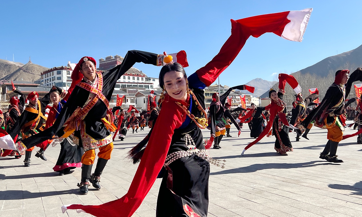 Local residents of Yushu Tibetan Autonomous Prefecture in Northwest China's Qinghai Province celebrate the Tibetan New Year on March 3, 2022. Photo: VCG