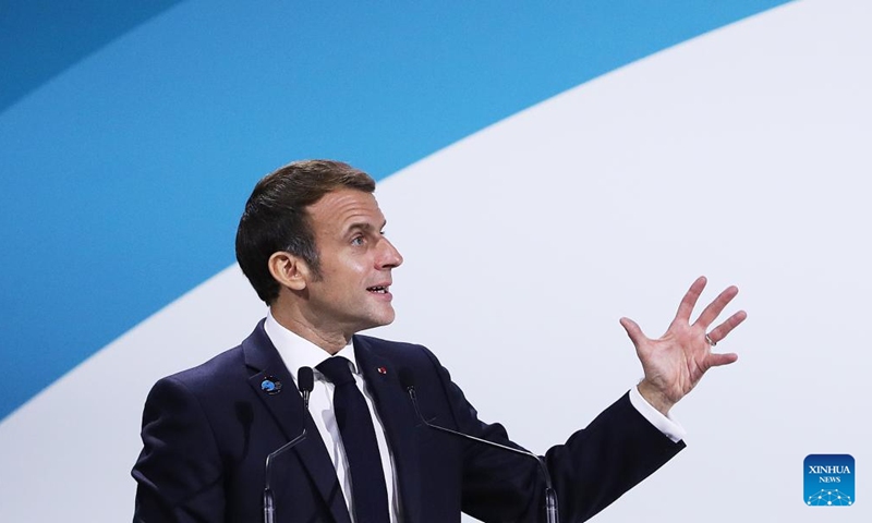 File photo taken on Nov. 11, 2021 shows French President Emmanuel Macron delivering a speech at the opening ceremony of the 4th Paris Peace Forum at la Grande Halle de la Villette in Paris, France.Photo:Xinhua