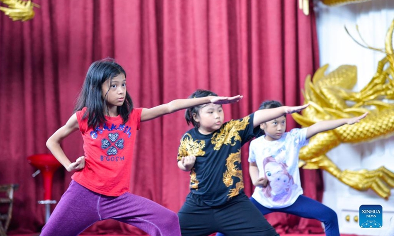 A child sweats while practicing Chinese martial arts at Harmony Wushu Indonesia in Bogor, Indonesia, March 5, 2022.Photo:Xinhua