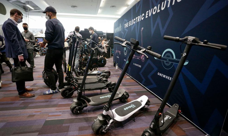Electric scooters are displayed at the BC Bike Show in Vancouver, British Columbia, Canada, on March 5, 2022.Photo:Xinhua