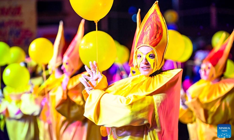 Costumed revelers perform during the great evening carnival on the streets of Strumica, North Macedonia, March 5, 2022.Photo:Xinhua