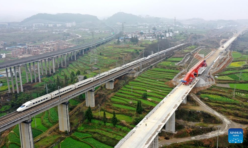 Aerial photo taken on March 5, 2022 shows a construction site of the Guiyang-Nanning high-speed railway in southwest China's Guizhou Province.(Photo by Xiao Wei/Xinhua)